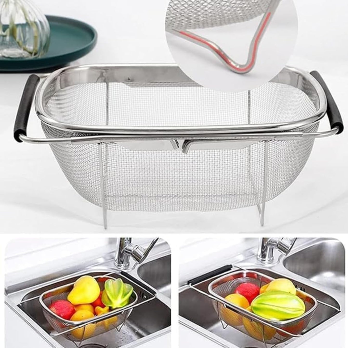 Stainless steel over-the-sink colander