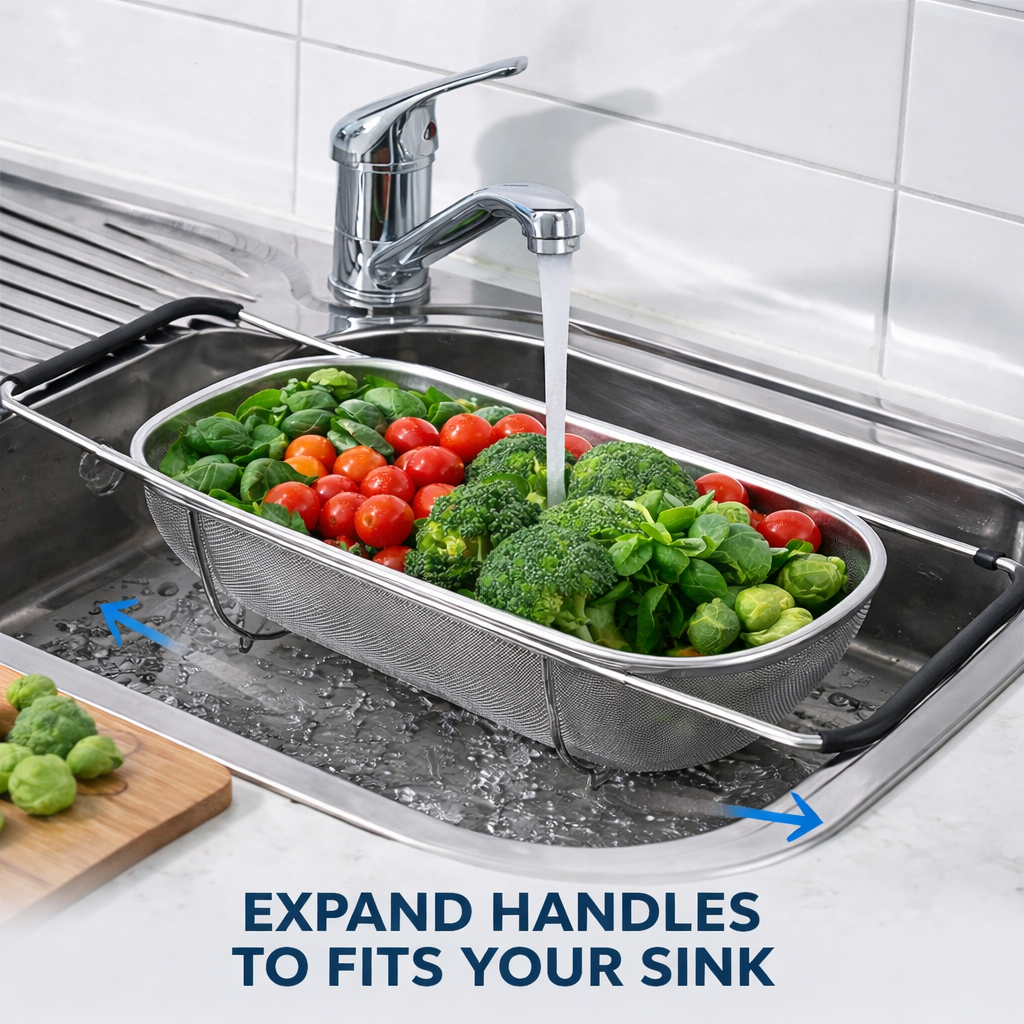 Stainless steel over-the-sink colander