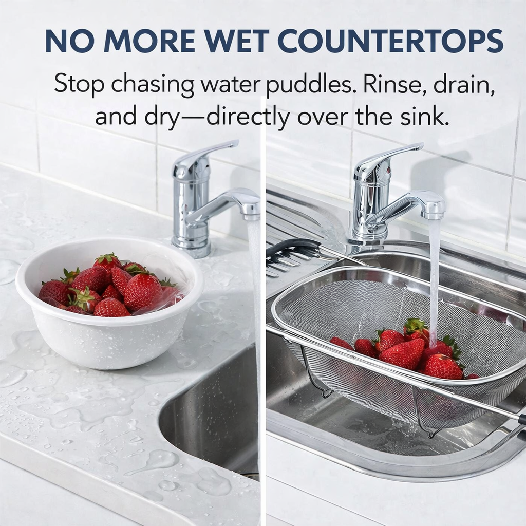 Stainless steel over-the-sink colander