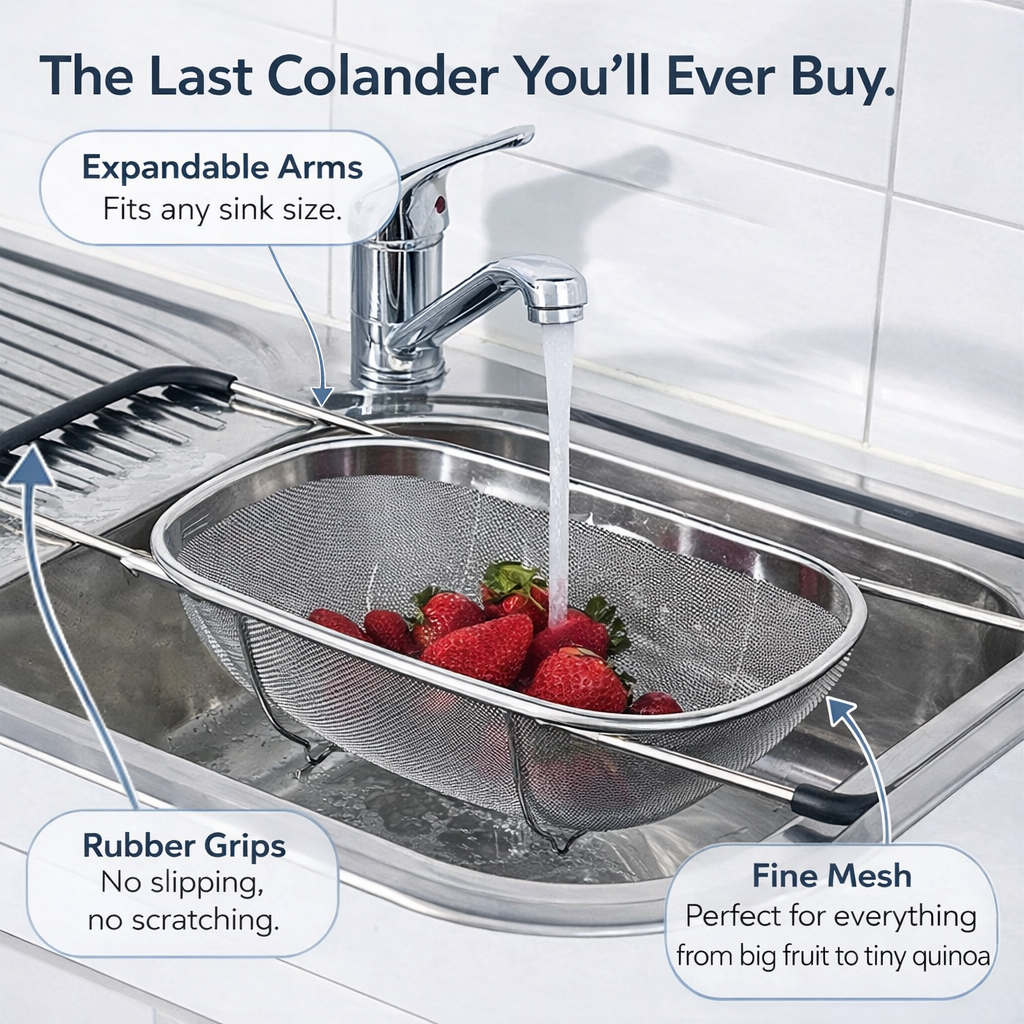 Stainless steel over-the-sink colander